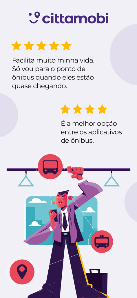 Cittamobi app screenshot displaying five star user reviews and an illustration of a passenger using public transit