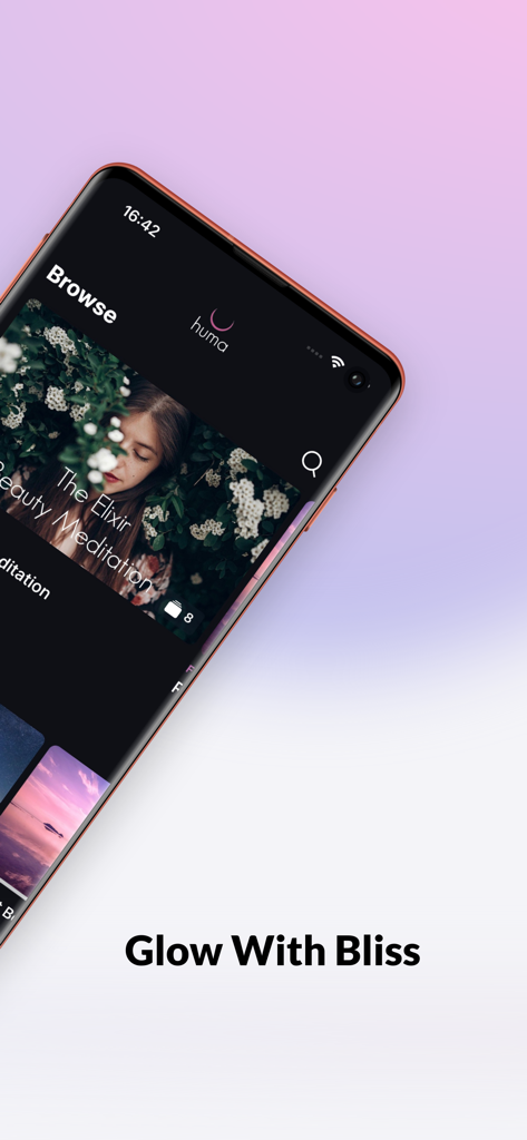 Huma Meditation app screen featuring The Elixir Beauty Meditation and the text Glow With Bliss