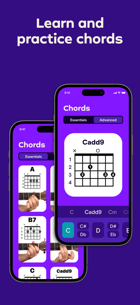 Guitar Tuner - Simply Tune - Guitar chord library in the Simply Tune app showing diagrams and finger positions