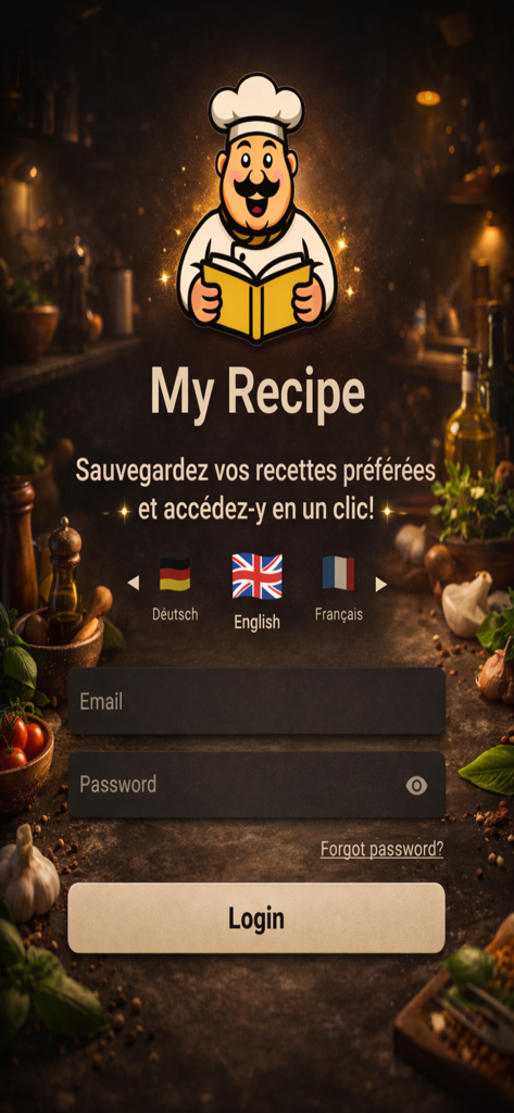Écran de connexion de l'application Ma Recette avec une mascotte de chef cartoon et des options de sélection de langue sur un fond de cuisine rustique