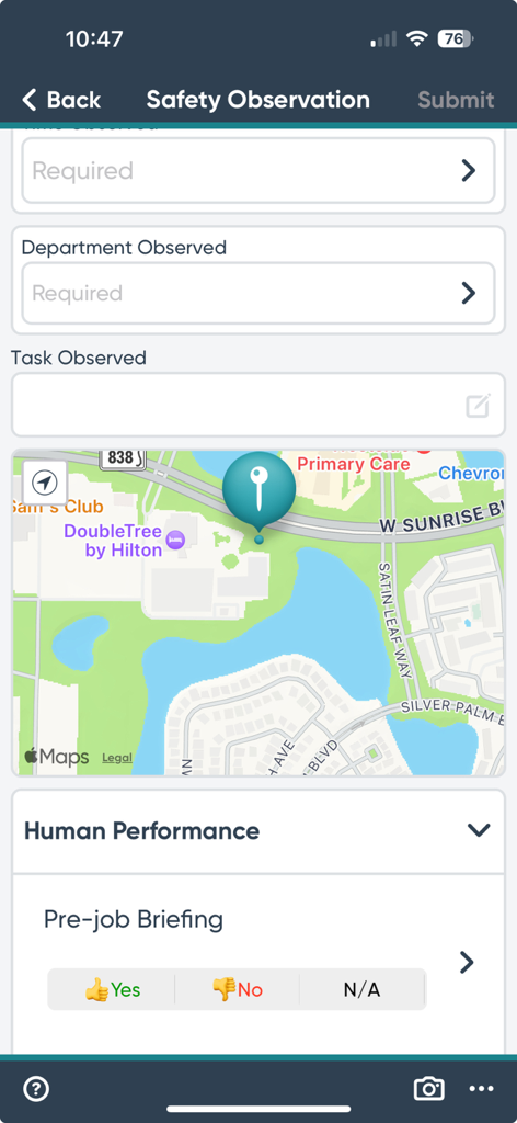 Ideagen EHSQ Enterprise - Mobile interface of the Ideagen EHSQ app showing a safety observation report with a location map and pre-job briefing status