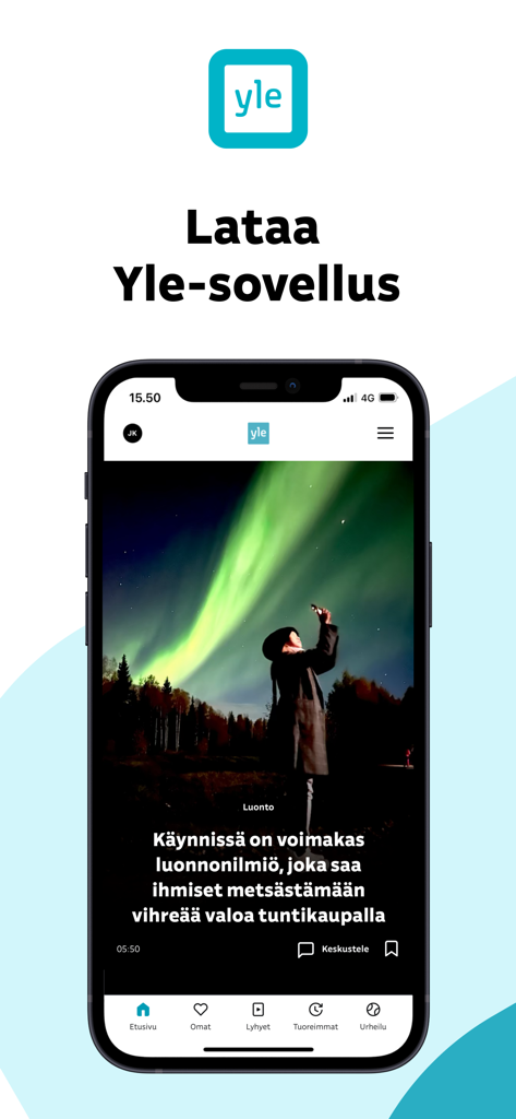 Benutzeroberfläche der Yle-Mobil-App mit einem Nachrichtenartikel über die Nordlichter auf Finnisch