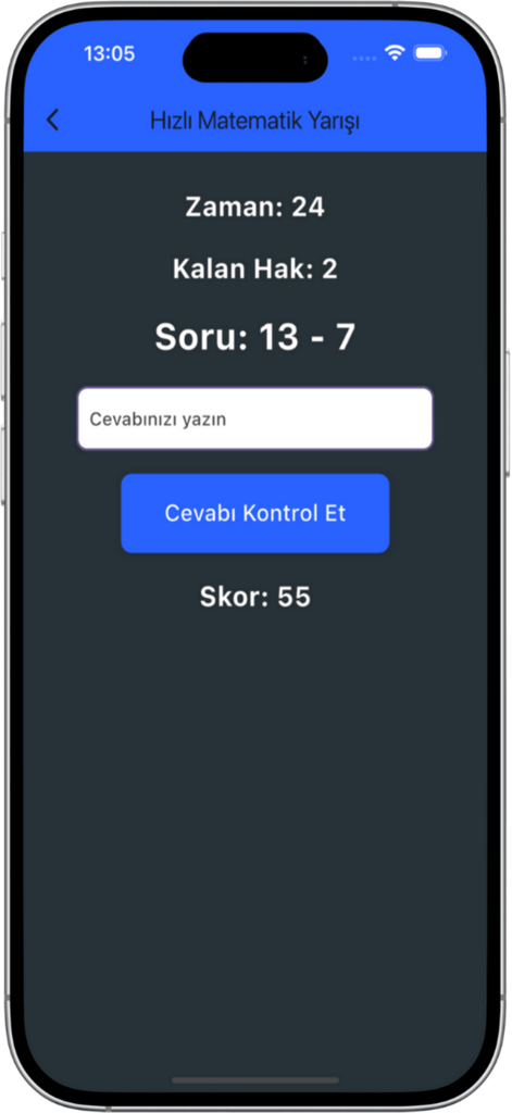 AGS Oyun Akademi Giriş Sınavı - Pantalla del juego de matemáticas rápidas dentro de la aplicación de preparación de exámenes AGS que muestra un problema de resta
