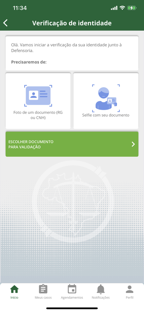 Defensoria RJ - Identity verification screen in the Defensoria RJ app for uploading documents and a selfie