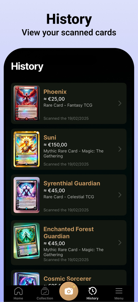 History screen of the TCG and Sports Card Scanner app showing a list of scanned cards and their values
