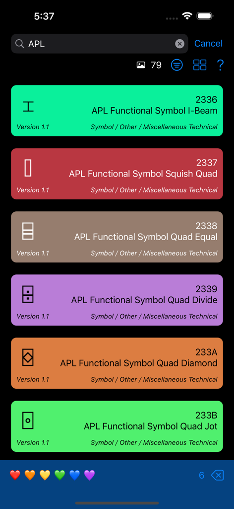 Technicode app screen showing a search for APL symbols with their Unicode hex codes and technical descriptions