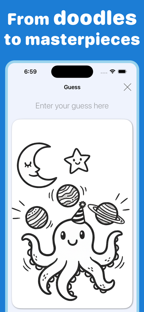 A creative doodle of an octopus in space with planets and stars on the Guess screen of the app