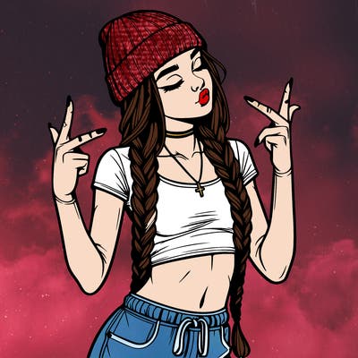 realistic teenage girl with braids and a beanie and crop top doing 🫶🏼