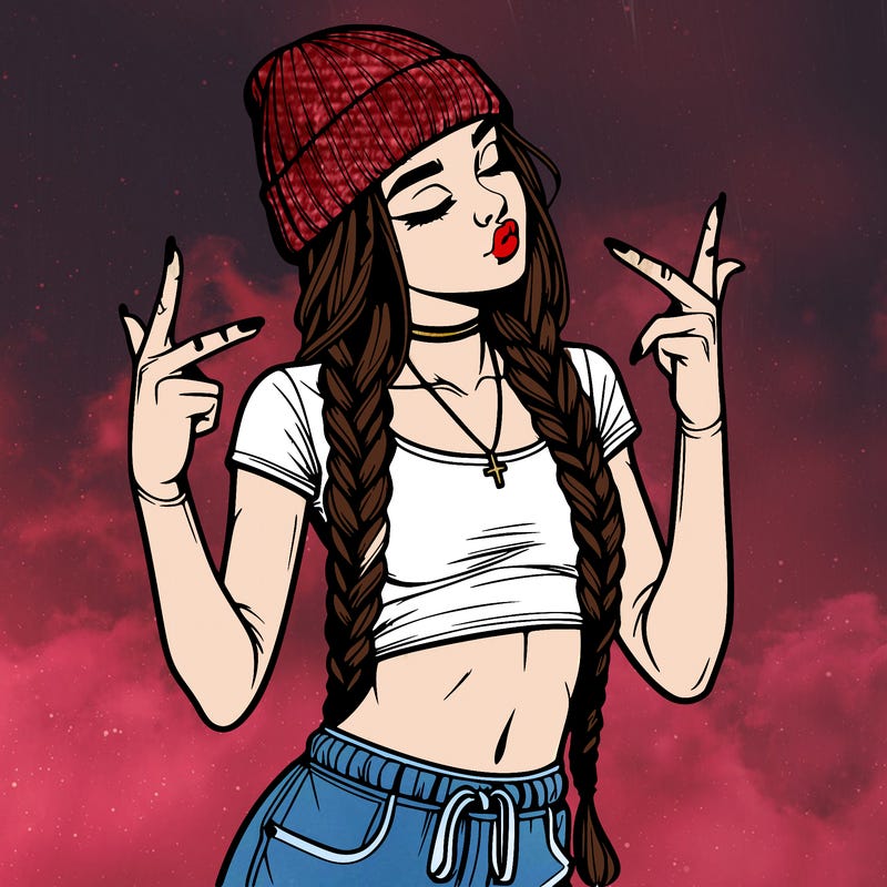 realistic teenage girl with braids and a beanie and crop top doing 🫶🏼