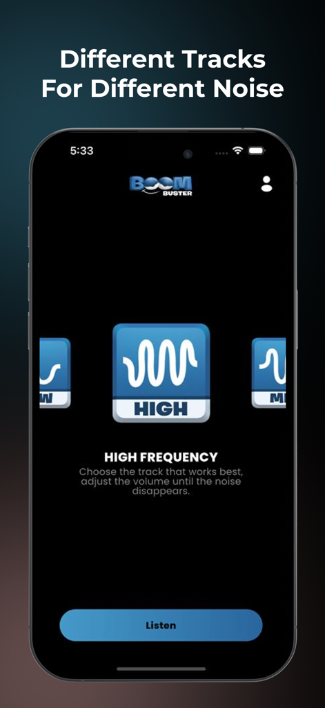 BoomBuster: Noise Blocker - Interface de l'application BoomBuster montrant un écran de sélection pour les pistes de masquage des bruits de haute fréquence