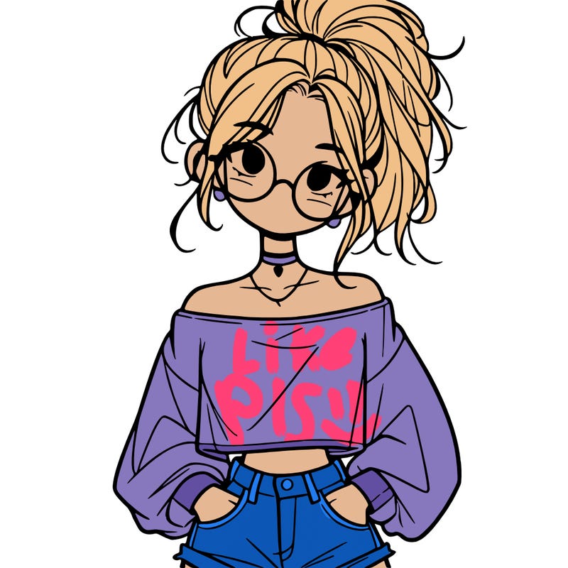 girl with a messy ponytail glasses a baggy crop top and jean shorts