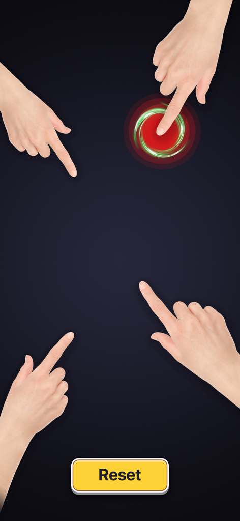Tap Roulette - Vier Finger berühren einen Smartphone-Bildschirm, wobei ein Finger von einem leuchtend roten Kreis in der Tap Roulette App ausgewählt wird
