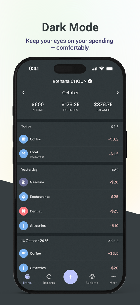 Jamnay expense tracker interface showing dark mode and monthly transaction list