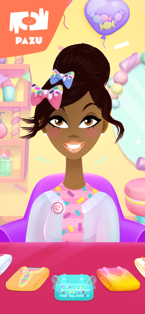 Character with a high bun and sprinkle bows in a kids hair salon game