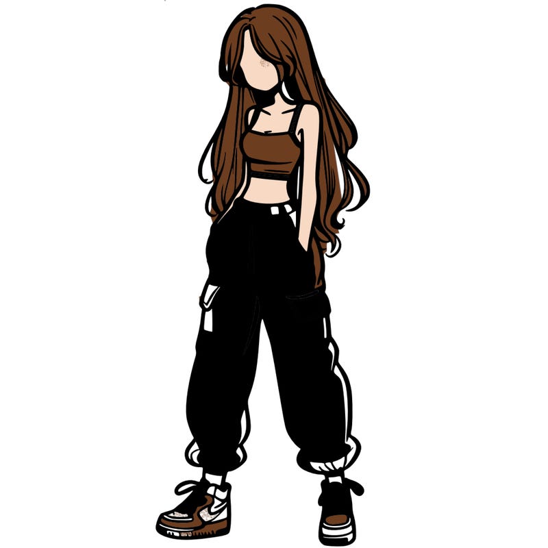 girl in baggy pants crop top and long hair