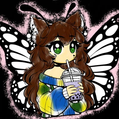 a realistic butterfly/furry girl drinking boba