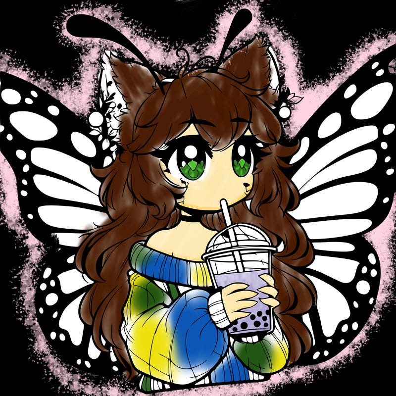 a realistic butterfly/furry girl drinking boba