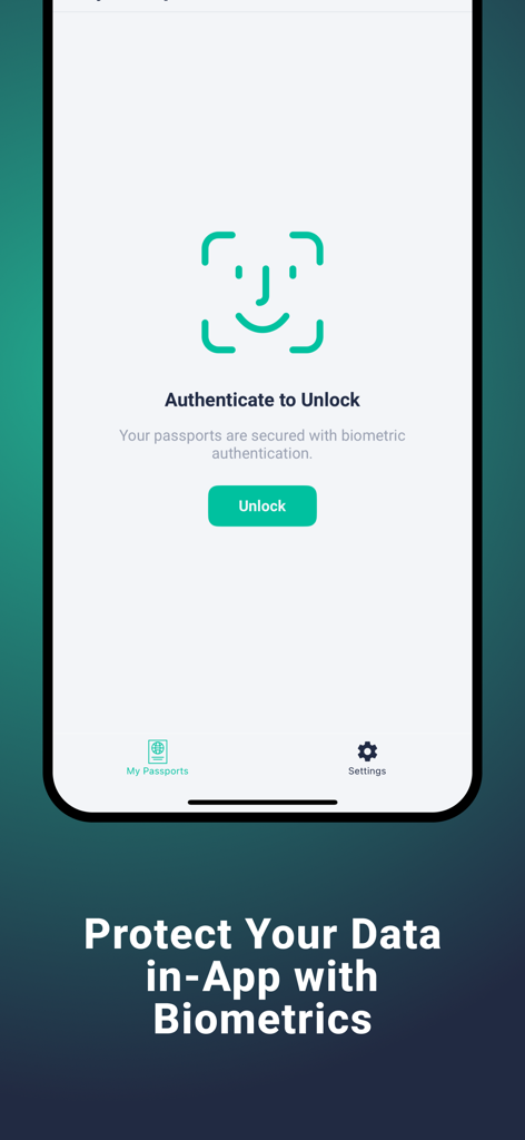 Biometric authentication screen in Passport app for secure data protection