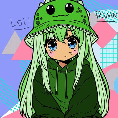 girl with anime shaped eyes with a dinosaur bucket hat oversized sweatshirt long straight hair