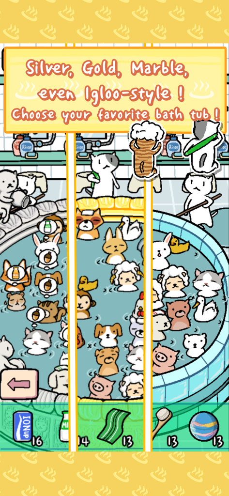 Cute cartoon animals relaxing together in a large blue circular bathtub