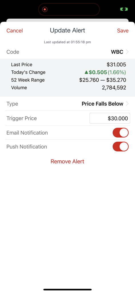 Westpac Share Trading app screen for setting a price drop alert with email and push notifications