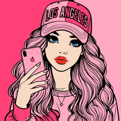 realistic beautiful girl wearing los ángeles cap holding an iphone
