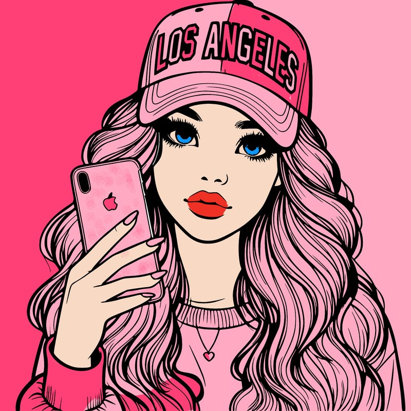realistic beautiful girl wearing los ángeles cap holding an iphone
