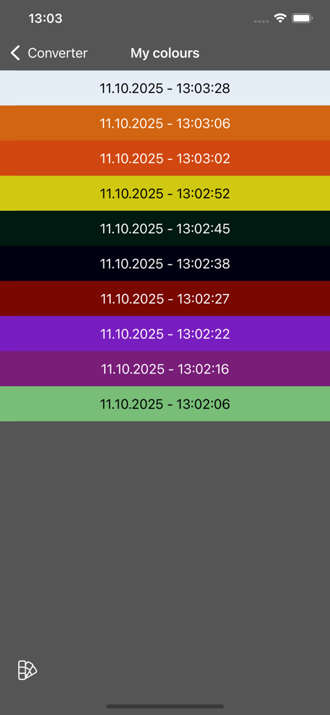 ColorPicker Plus - ColorPicker Plusアプリで、日付と時刻のスタンプが付いた保存されたカラーのアーカイブリスト