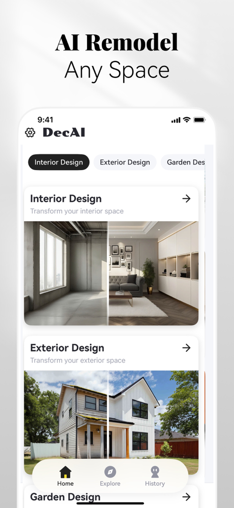 DecAIアプリのインターフェース。インテリアおよびエクステリアのホームデザインオプションを示しています。