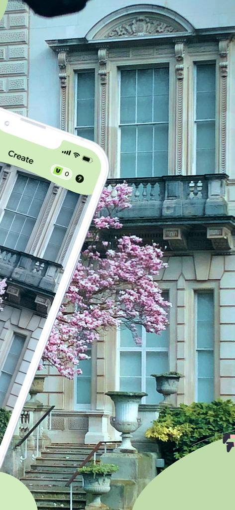 Virtual Garden: Landscaping - Augmented Reality Landschafts-App, die einen virtuellen blühenden Baum vor einer klassischen Gebäudefassade zeigt