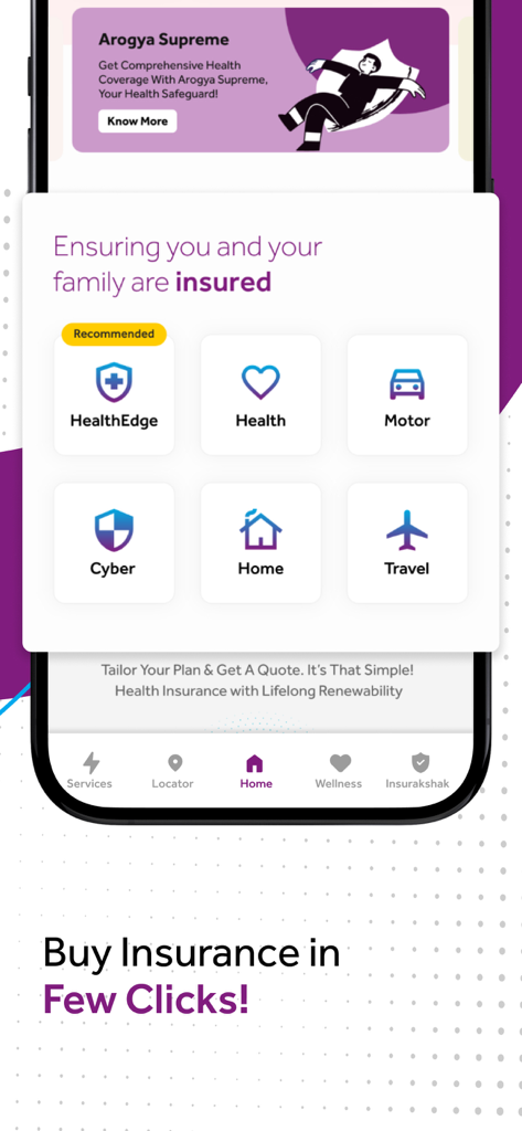 SBI General Insurance - Captura de pantalla de la aplicación móvil SBI General Insurance que muestra opciones de seguro para salud, motor, ciberseguridad, hogar y viajes.
