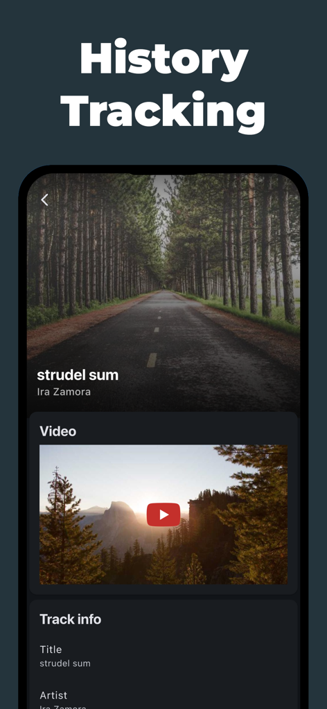 Music Finder - Recognize Songs - History tracking screen in Music Finder showing identified song details and a YouTube video link