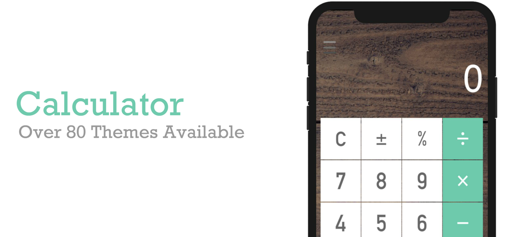 Calculator - A customizable calculator app interface on an iPhone featuring a rustic wood background and teal accents