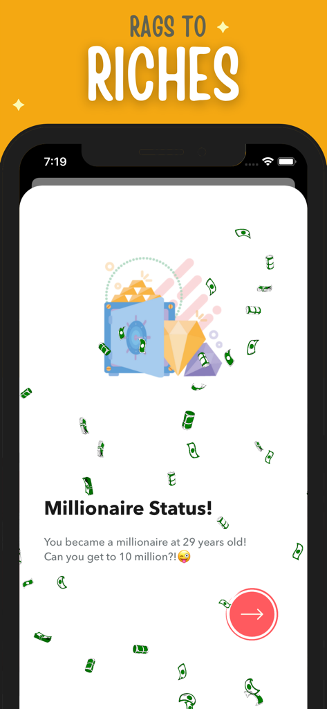 Tela do jogo Life Simulator Hobo CEO mostrando a conquista de status de milionário com queda de dinheiro e joias.