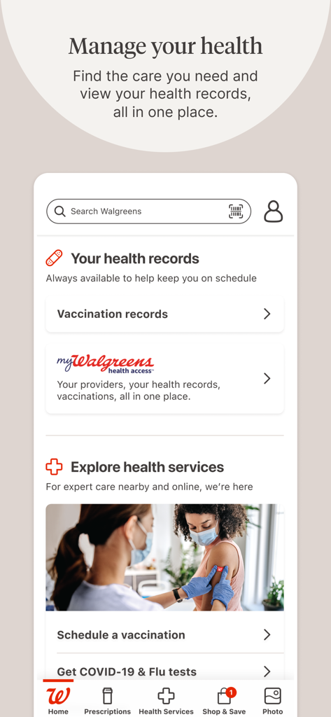 Walgreens mobile app dashboard for health records and vaccination scheduling