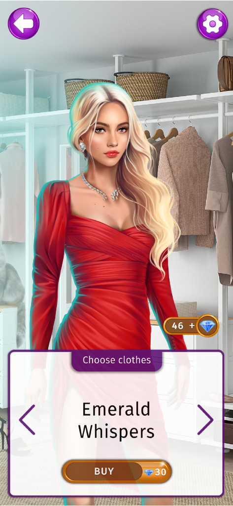 Chapters Interactive Love Game - A blonde female avatar in a stylish red dress inside a walk-in closet for the Chapters Interactive Love Game customization screen.