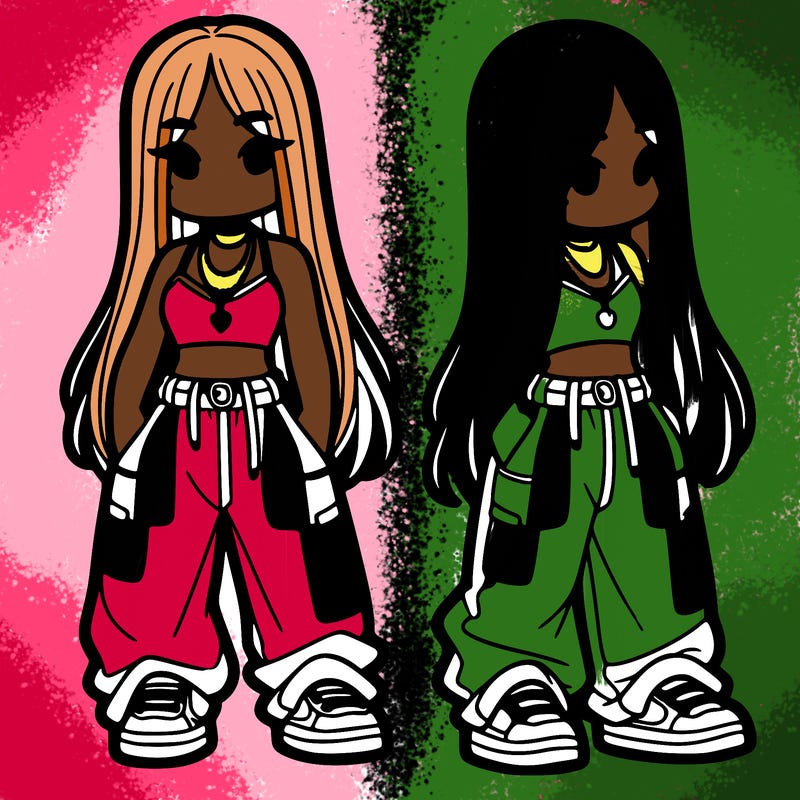 girl in baggy pants crop top and long hair