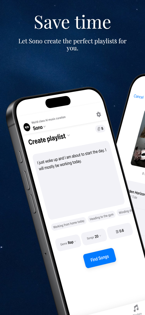 Capture d'écran de l'interface de l'application sono AI montrant un utilisateur créant une playlist personnalisée via une invite textuelle pour gagner du temps.