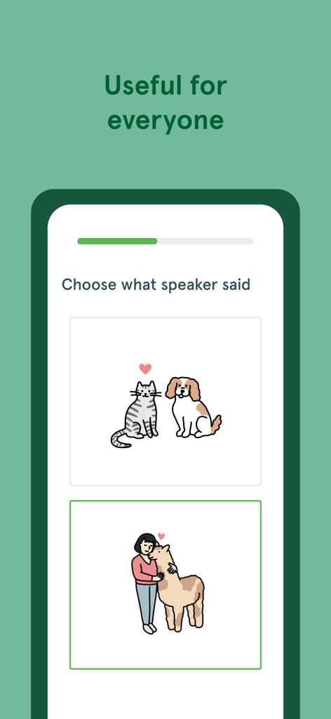 Bunpo: Learn Japanese - An interactive quiz screen in the Bunpo app showing illustrations for a listening comprehension exercise.