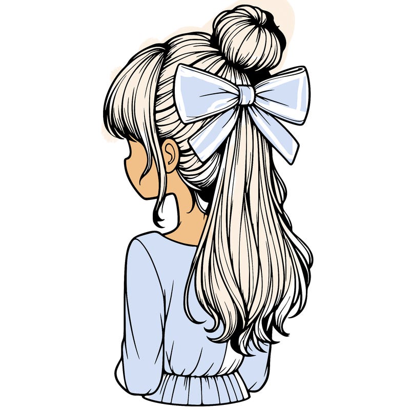 realistic girl  with hip length hair a bun and a big bow on the back of head