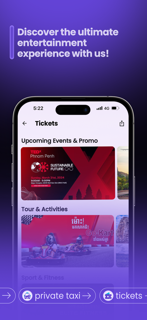 BookMe+ - BookMe plus app interface showing tickets for upcoming events and tours in Southeast Asia