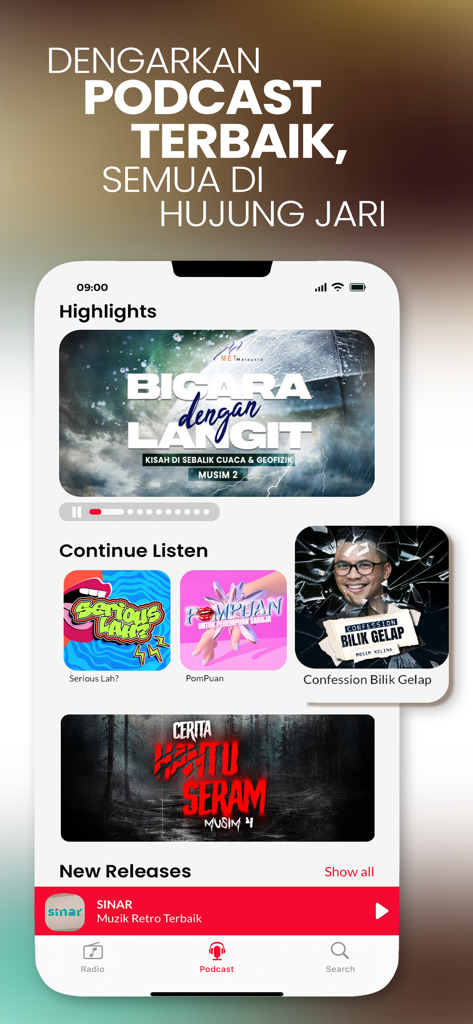 SINAR - Muzik Retro Terbaik - Podcast selection screen in the SINAR app showing highlights and trending Malaysian podcasts.