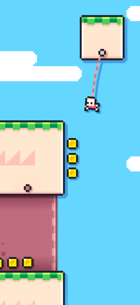Roper - One Button Platformer - A pixel art character swinging from a rope to collect gold coins in the Roper platformer game.