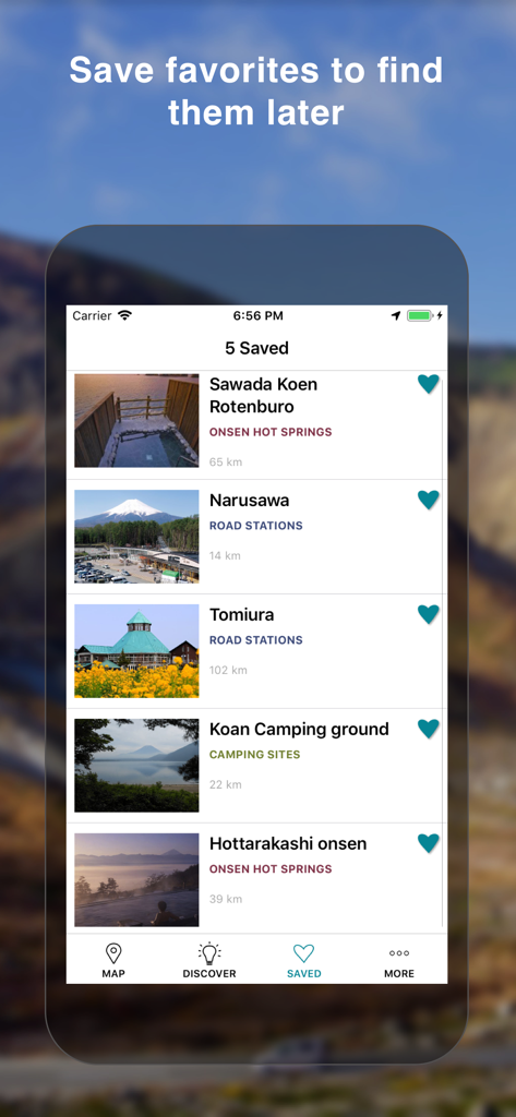 Michi Japan Road Guide Offline - List of saved travel locations including onsens and road stations in Japan
