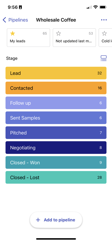 Streak - CRM for Gmail - Streak CRM mobile app displaying a sales pipeline with color coded stages like Lead and Negotiating