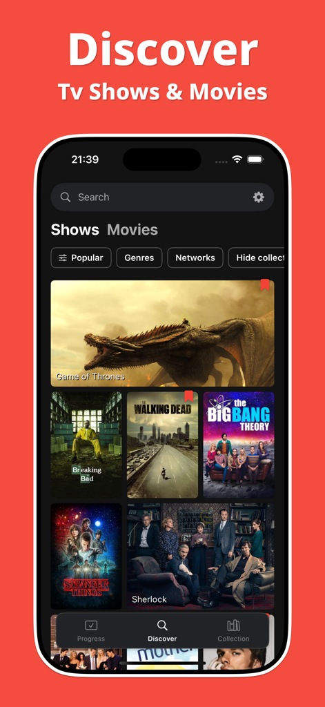 Track Shows & Movies - Showly - Showly app discover screen showing a library of popular TV shows and movies