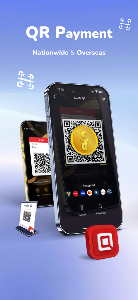 ACLEDA mobile - ACLEDA mobile app screen showing QR payment feature for nationwide and overseas use