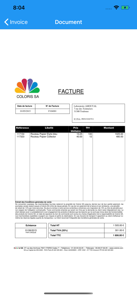 Cash Manager - Une facture numérique affichée dans l'application Cash Manager par Cegid