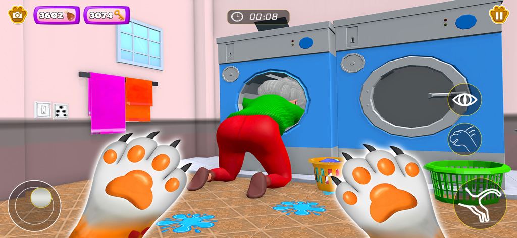 Prankster Granny Cat Life - First person view of cat paws in a laundry room where a granny is leaning into a washing machine