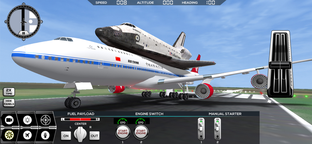 Space Shuttle Endeavour auf einem Boeing 747 auf einer Startbahn montiert in Flight Simulator FlyWings 2014